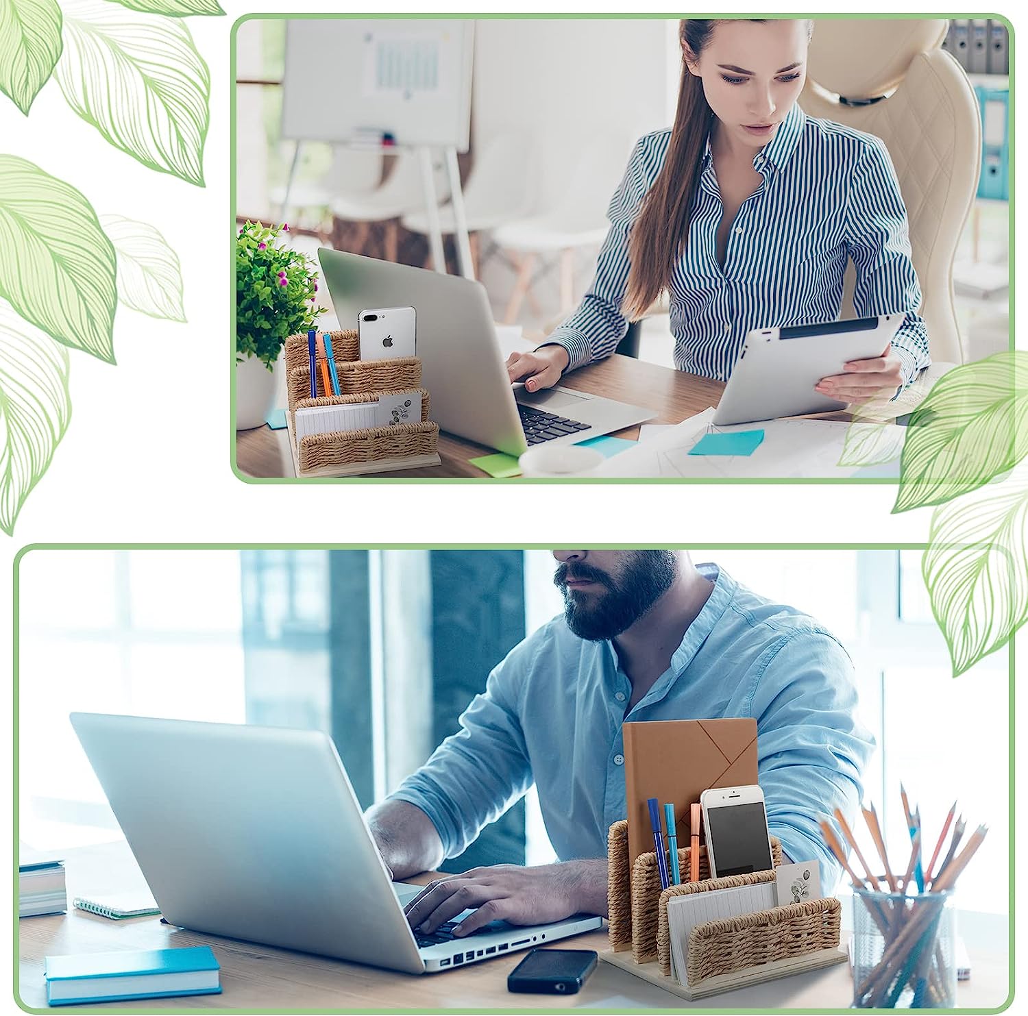 Woven Desk Mail Organizer Upright File Holders Vertical Mail Sorter Small Desk File Organizer Letter Paper Organizer Storage Office Desk Accessories Folder File Sorters for Desktop Home Office - Image 7